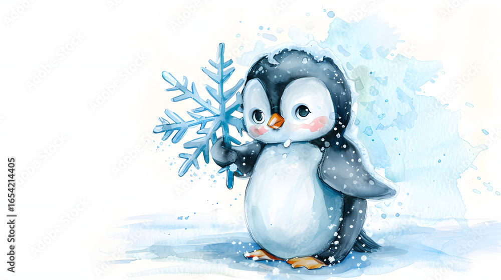 Obraz premium watercolor painting cute baby penguin holding snow