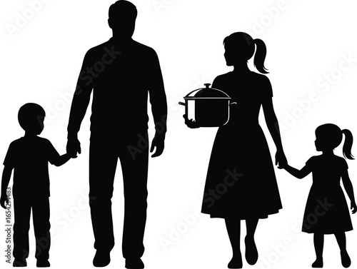 Silhouette of family walking together, mother holding cooking pot, symbolizing togetherness, parenting, dinner, care, and domestic life themes.