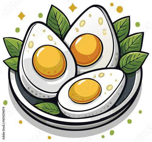 Stylized illustration of boiled eggs with leaves on a plate