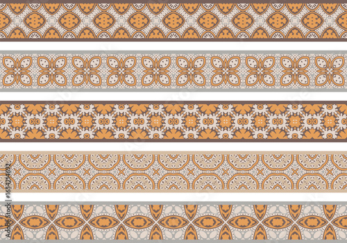 Set of five illustrated horizontal borders with geometric and floral patterns in brown and orange tones