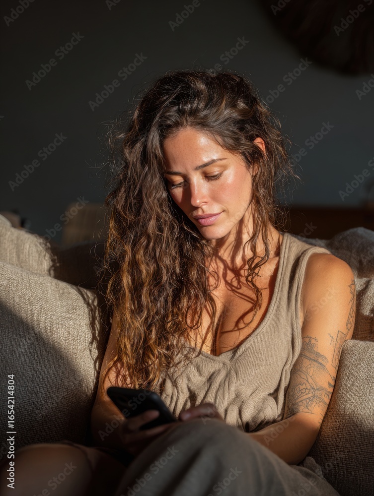 Obraz premium Woman using a mobile app on her smartphone sitting in a bright home office