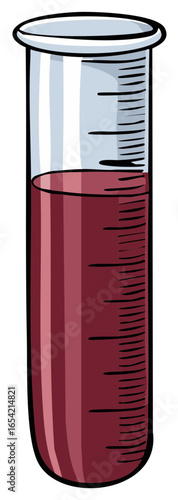 Graduated glass test tube partially filled with dark red liquid for scientific experiments and research