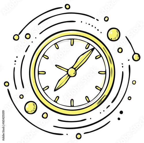 Hand-drawn yellow clock face with swirling lines and circles