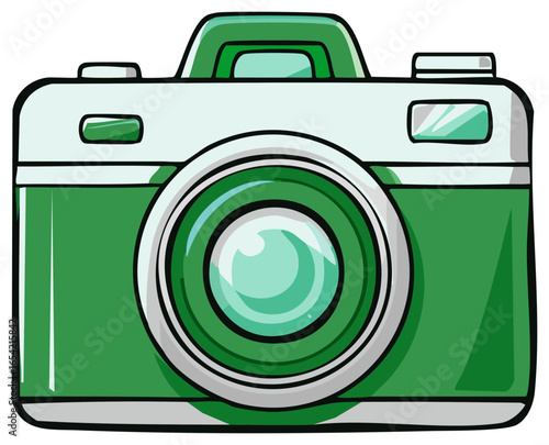 Classic green and white retro camera with a large lens in a bold cartoon style