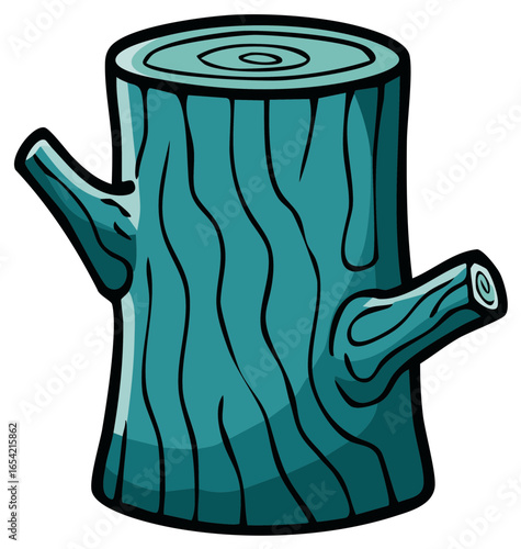 Cartoon Tree Stump With Branches And Wood Grain Texture In Teal