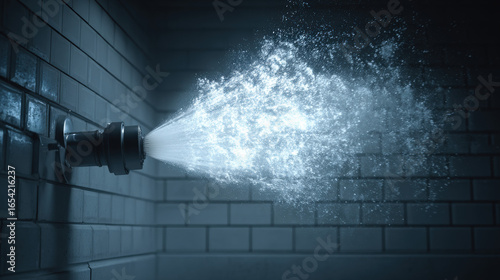 burst kitchen hose nozzle spraying fan-shaped water mist against glossy subway tiles dramatic backlighting photorealistic splash detail illustration concept scene visual for commercial design use high