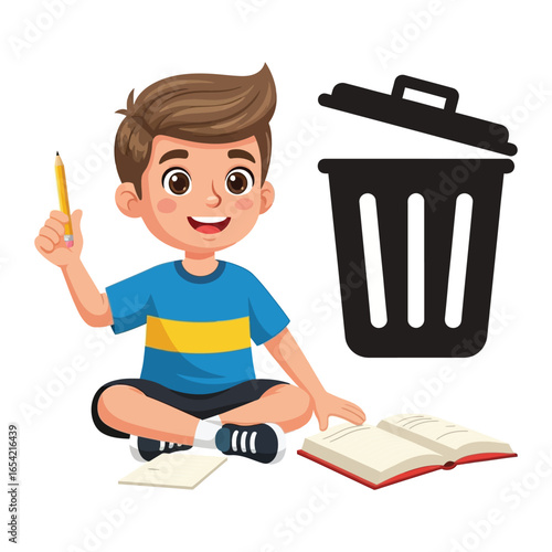 Cartoon boy sitting cross legged with book and pencil next to a trash can illustration art vector