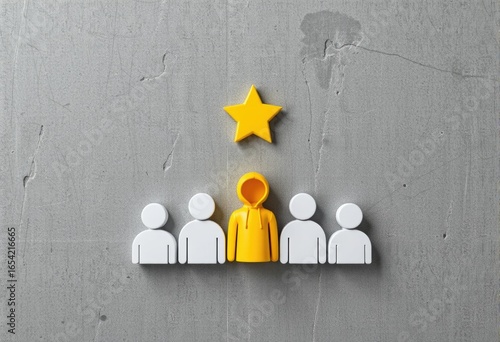 White figures with yellow figure and star on gray background