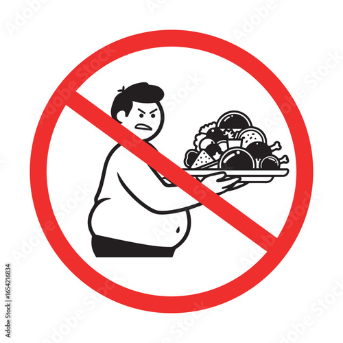 no overeating sign with overweight man holding plate of food, prohibition symbol for healthy habits