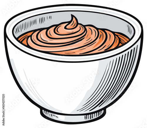 Hand drawn vector illustration of a ceramic bowl with creamy orange sauce or appetizer dip