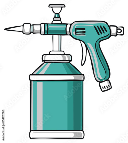 Handheld teal garden pump sprayer cartoon illustration for watering plants or cleaning