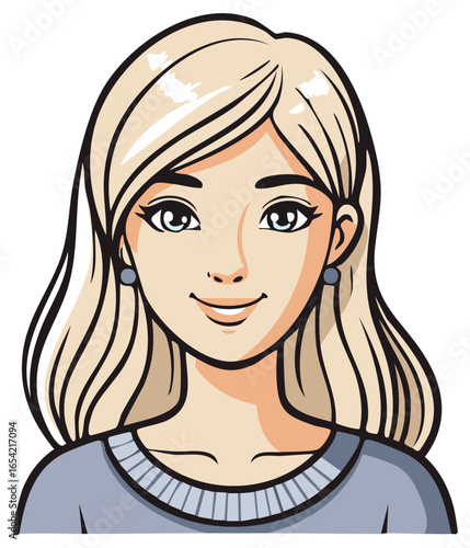 Friendly young blonde woman with a pleasant smile. Head and shoulders portrait in a clean cartoon style.