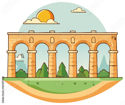 Ancient Stone Aqueduct Vector Illustration Under a Sunny Sky with Landscape
