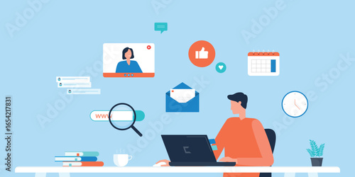 flat vector illustration businessman working concept. and meeting with an online conference.
