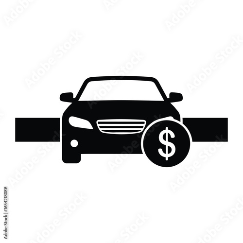 A black and white illustration of a car with a dollar sign representing car payments or car value vector