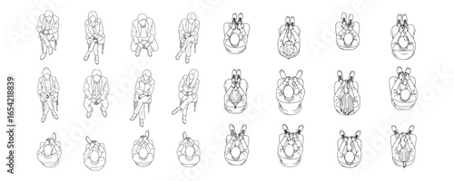 Architectural drawings of sitting people top perspective vector illustration for urban layouts campus design public space planning furniture arrangement and crowd visualization
