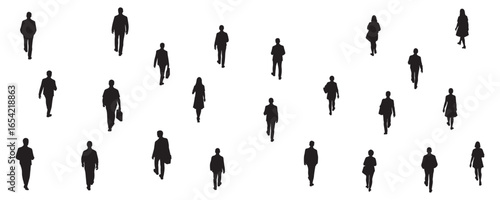Architectural drawings of walking people top back perspective silhouette vector illustration for urban planning layouts campus design pedestrian pathways and crowd movement visualization