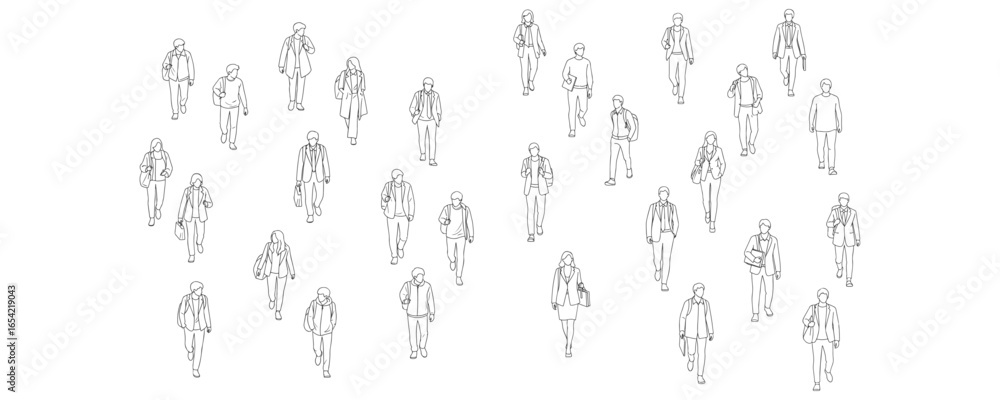Architectural drawings of walking students top perspective minimal line art illustration of people in motion for urban planning layouts educational campus designs and crowd flow visualization