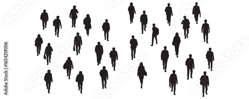 Architectural drawings of walking students top perspective silhouette vector illustration for urban campus design educational planning layouts pedestrian movement and crowd visualization