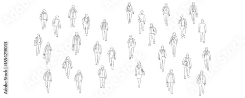 Architectural drawings of walking students top perspective minimal line art illustration of people in motion for urban planning layouts educational campus designs and crowd flow visualization