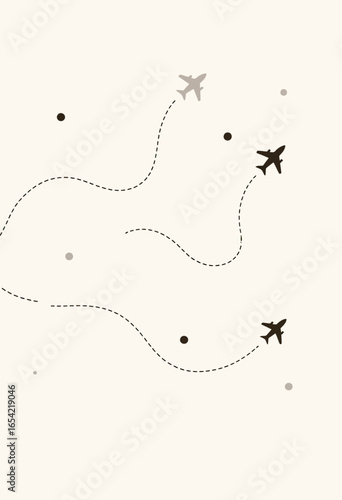 A minimalist background featuring airplane icons with dotted line flight paths, a clean and simple travel pattern symbolizing journeys, routes, and global connections.
