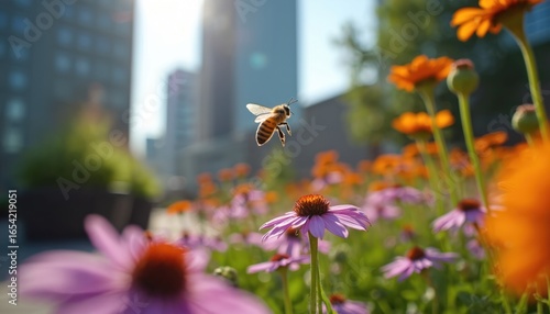 Fototapeta Naklejka Na Ścianę i Meble -  Bee flies in urban garden with wildflowers on city rooftop. Nature scene shows pollination process with blooming flowers and green plants. Insect in habitat against blurred skyscrapers.