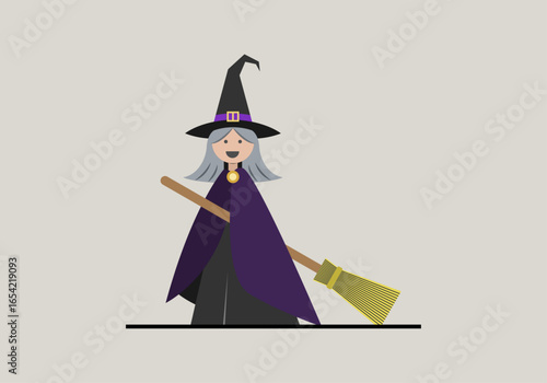 Bruja con escoba en fondo gris