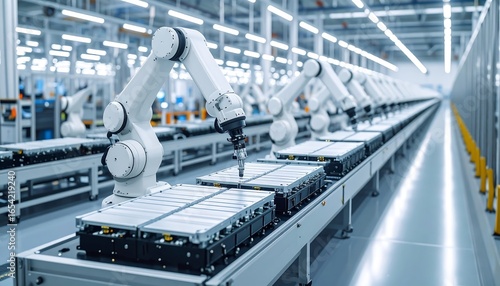 White robotic arms automate battery production on a clean, modern factory assembly line, showcasing Industry 4.0 efficiency.