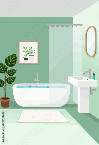 A modern and refreshing bathroom interior with a freestanding tub and lush green plants, a stylish vector illustration for home design and self-care concepts.
