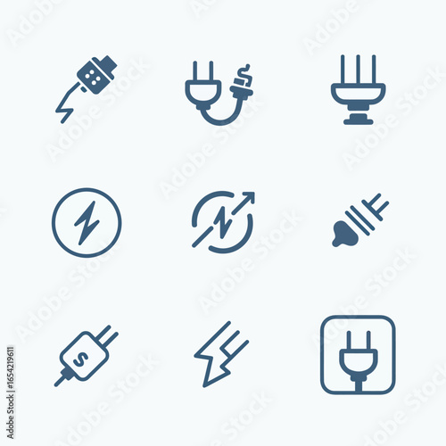 A modern set of blue line art icons for electricity and power, featuring various plug types and energy symbols for a clean and minimalist user interface design.
