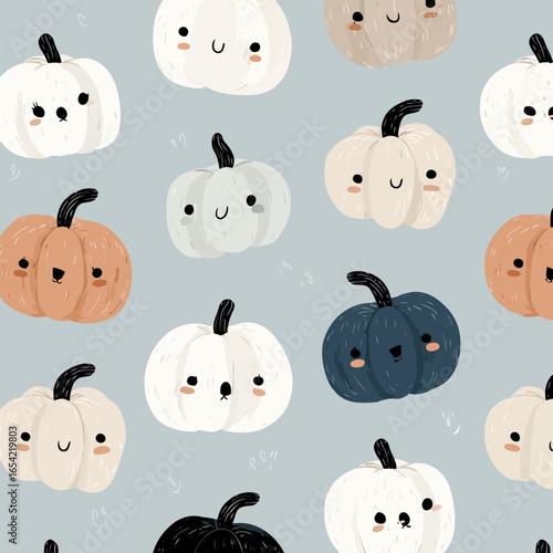 Adorable seamless pattern with cute kawaii pumpkins in autumn colors, a charming and friendly fall season background for fabric, wallpaper, and kid's decor.
