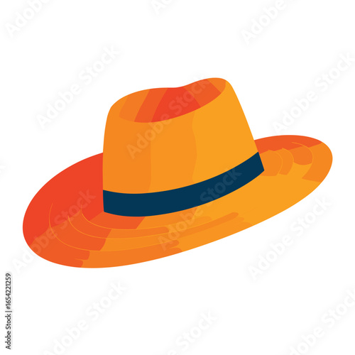 Orange floppy hat with navy blue band in minimalist style  