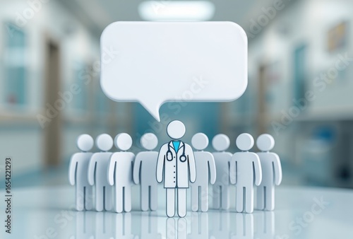 Doctor figure with speech bubble and group in background