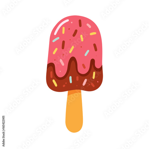 Chocolate dipped ice cream popsicle with colorful sprinkles  