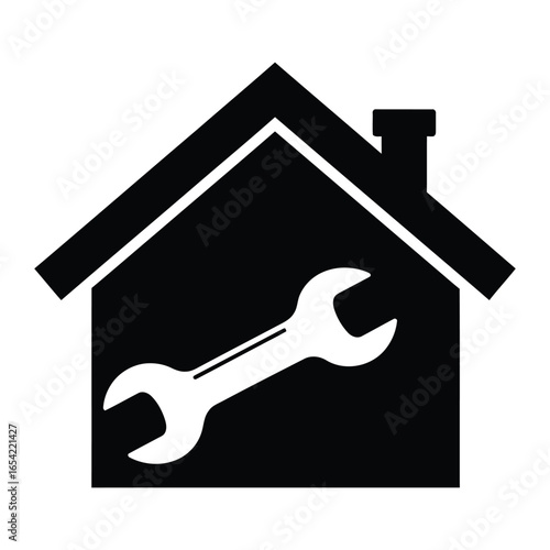 A black house icon with a chimney and a white wrench inside representing home repair services vector