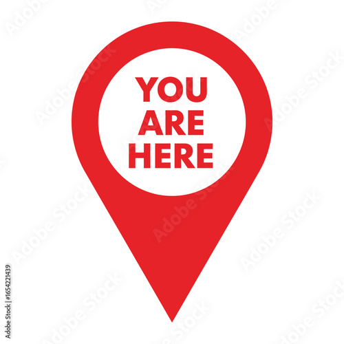 A red location pin with the words you are here in white on a white background indicating position vector
