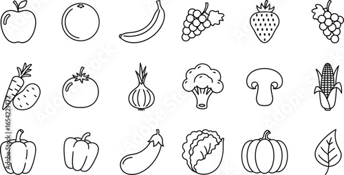 Collection of fruit and vegetable sketches, featuring various types, perfect for healthy eating and nutritionthemed designs