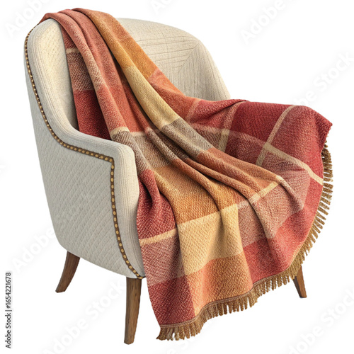 Cozy wool throw blanket draped over an armchair isolated on transparent background