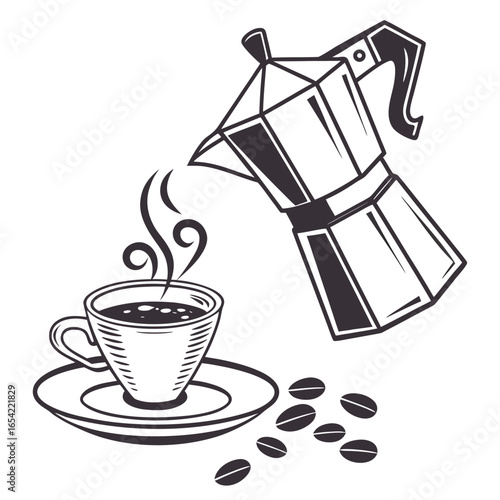 A moka pot pouring coffee into a cup with coffee beans isolated on white background, a simple and classic illustration