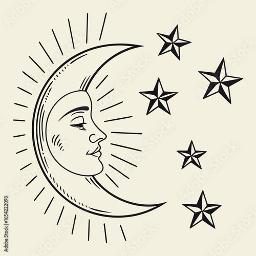 Illustration of a crescent moon with a face and stars, isolated on white background in a vintage style with decorative elements