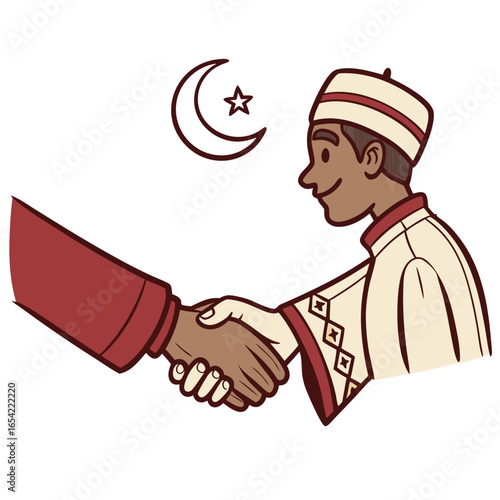 Illustration of a muslim handshake with a crescent moon and star symbol, representing unity and peace isolated on white background