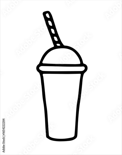 Vector illustration of a plastic cup with a drink and a straw in doodle style. Fast food design element. Основные RGB