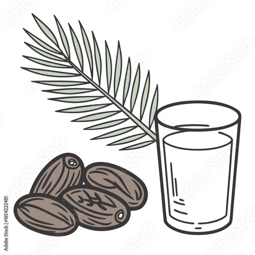 Illustration of dates, palm leaf, and a glass of water, isolated on white background, representing a traditional iftar meal during ramadan