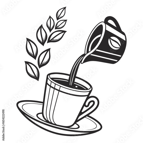 Illustration of coffee being poured into a cup with coffee leaves, representing a hot and aromatic beverage, isolated on white background