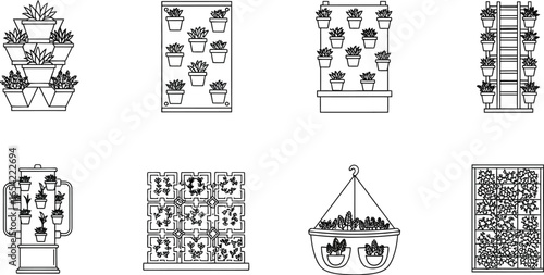Collection of vertical garden and flower pot icons featuring tiered planters, wallmounted displays, and hanging baskets for indoor and outdoor use