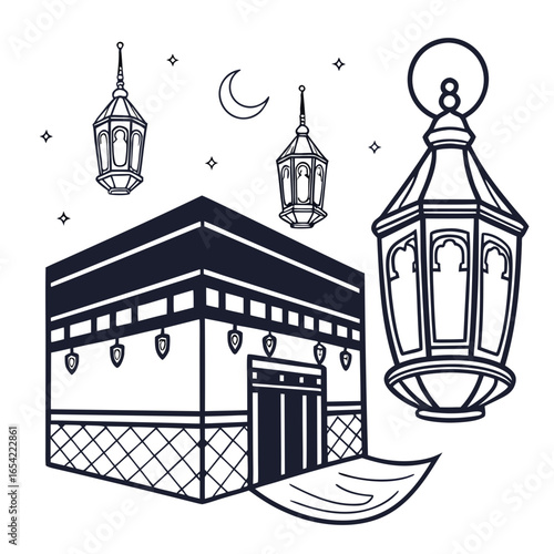 The kaaba in mecca with lanterns isolated on white background, a sacred site for muslims during the hajj pilgrimage and prayer