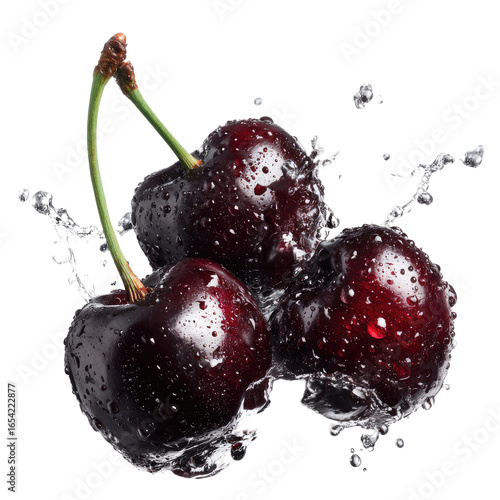 Close-up of dark cherries with water droplets, vibrant and fresh