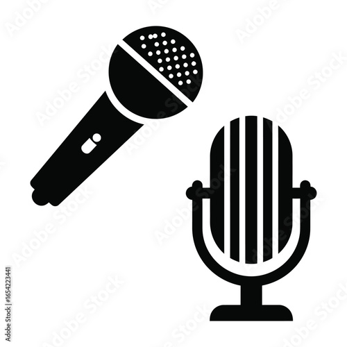 Illustration of two microphones one modern and one vintage on a white background in black ink vector