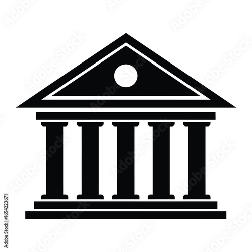 A simple black and white graphic of a building with columns and a triangular roof and circle detail vector
