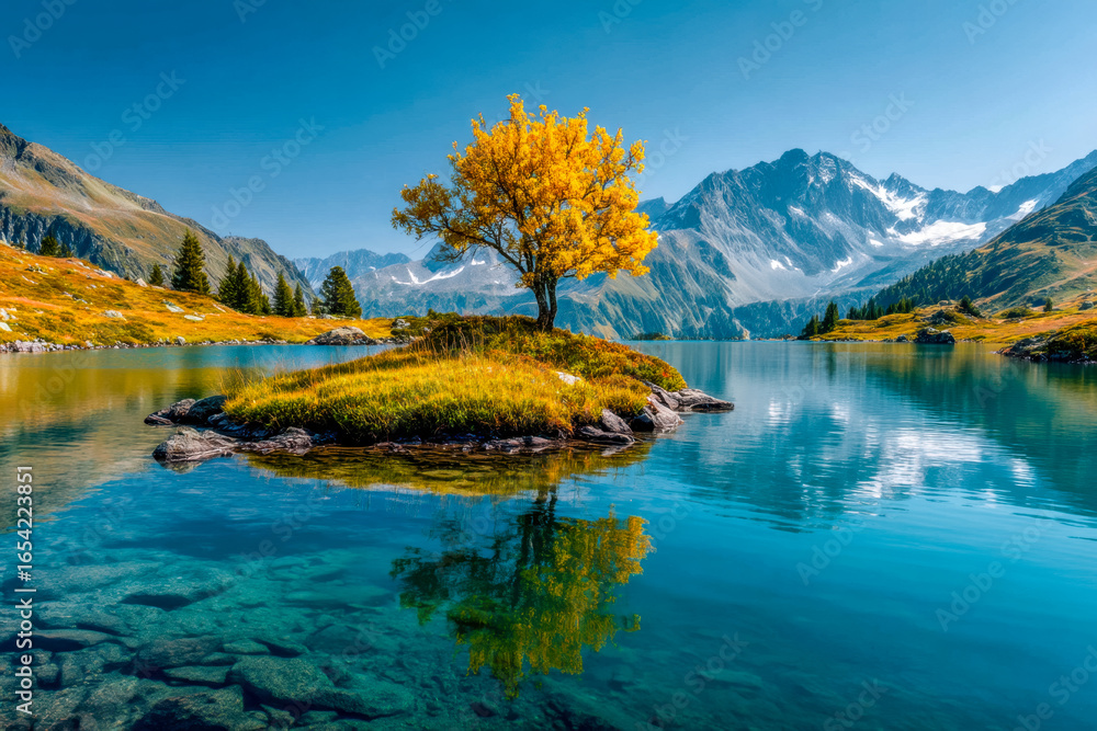 Obraz premium Serene mountain lake with a golden tree on an island in clear waters and snow-capped peaks in the background